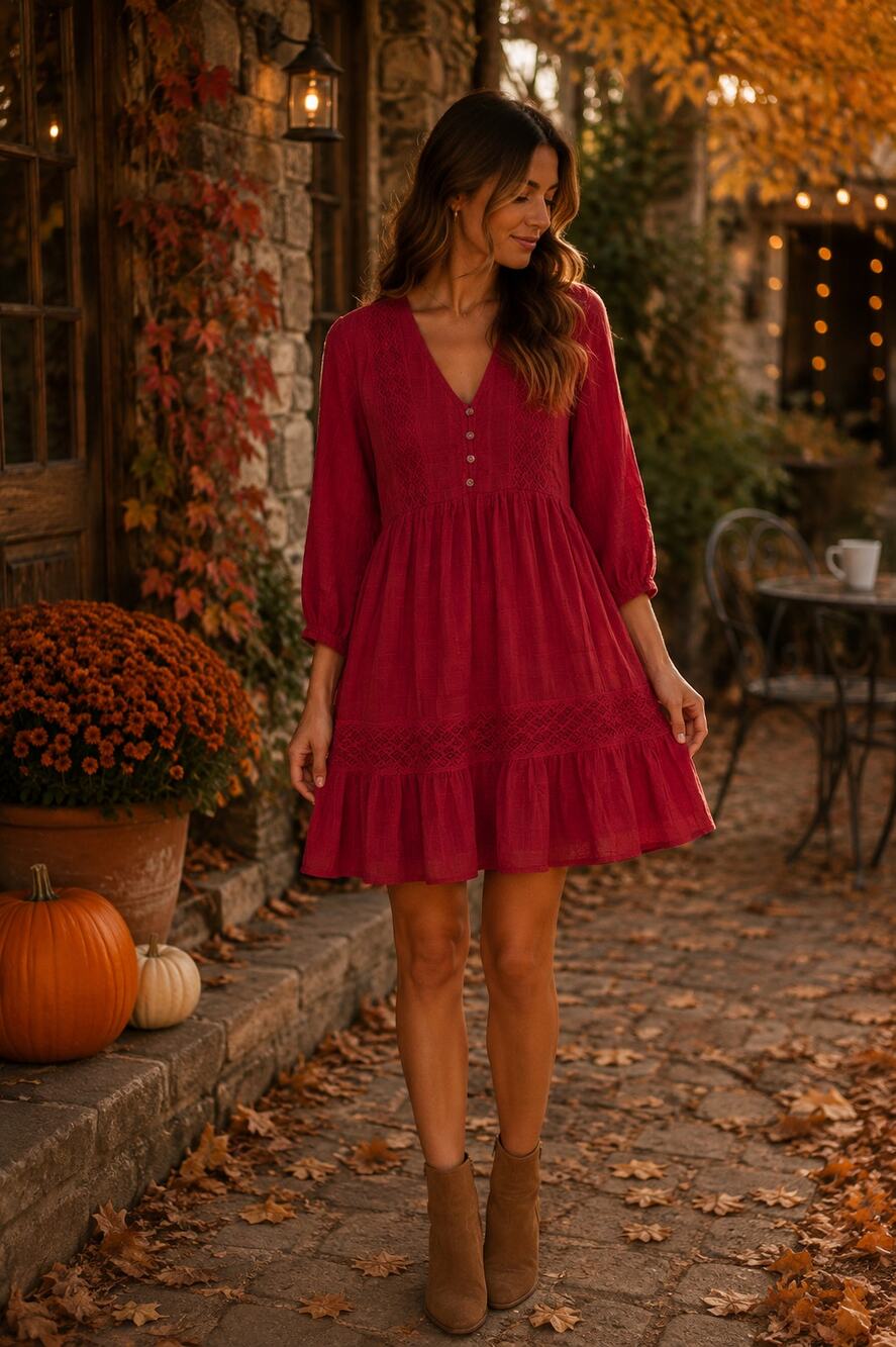 Knox Rose Red Embroidered Boho Babydoll Tiered Mini Dress